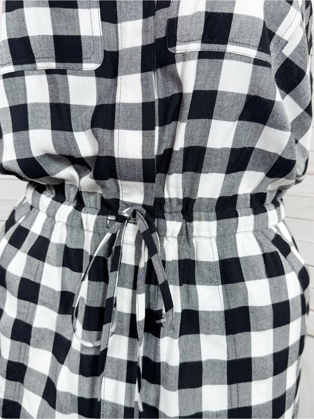 Banana‎ Republic Buffalo Check Sleeveless Cinch Waist Shirt Dress Black White 12
